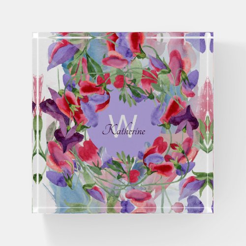 Monogrammed Lavender Watercolor Floral Sweet pea Paperweight