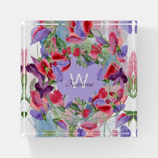 Monogrammed Lavender Watercolor Floral Sweet pea Paperweight (Front)