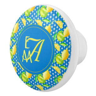 Monogrammed Lemon Tree Azure Blue Newlywed Decor Ceramic Knob