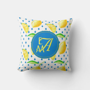 Monogrammed Lemon Tree Royal Blue Home Decor Throw Pillow