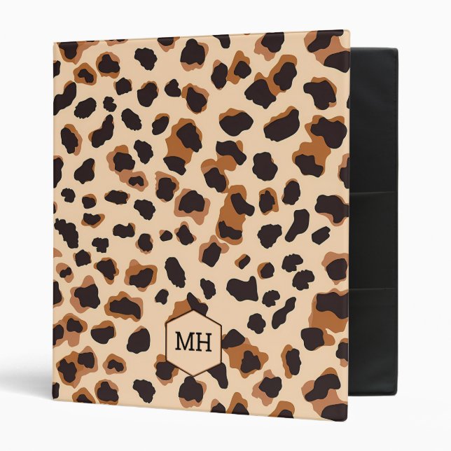 Monogrammed Leopard Brown Black Pattern Homework 3 Ring Binder (Front/Inside)