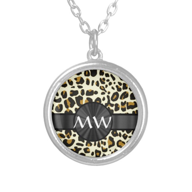 Monogrammed leopard print silver plated necklace (Front)