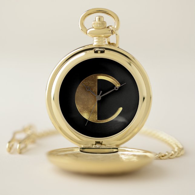 Monogrammed Letter C Black Gold Initial Elegant Pocket Watch (Inside)