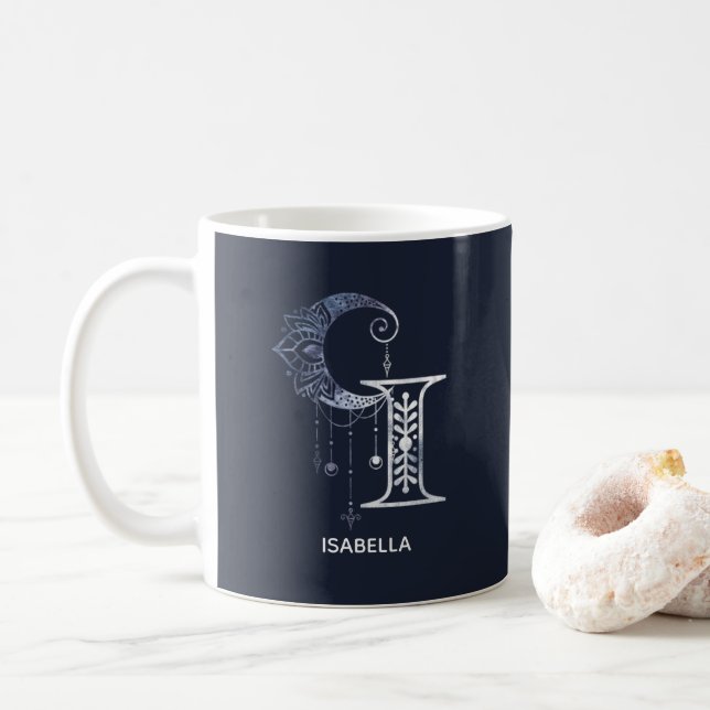 Monogrammed Letter I Boho Crescent Moon Mandala Coffee Mug (With Donut)
