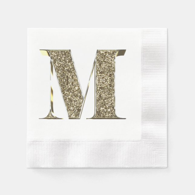 Monogrammed Letter Initial M Gold Sparkles Elegant Paper Napkins (Front)