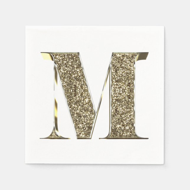 Monogrammed Letter Initial M Gold Sparkles Elegant Paper Napkins (Front)