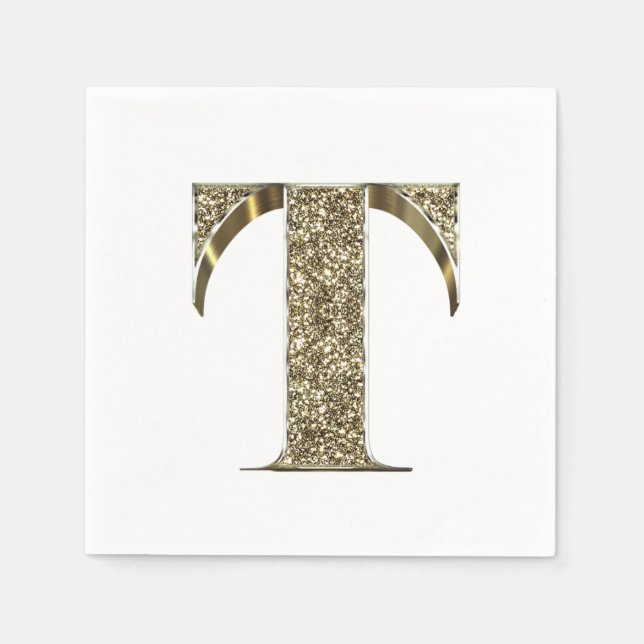 Monogrammed Letter Initial T Gold Sparkles Elegant Napkins (Front)