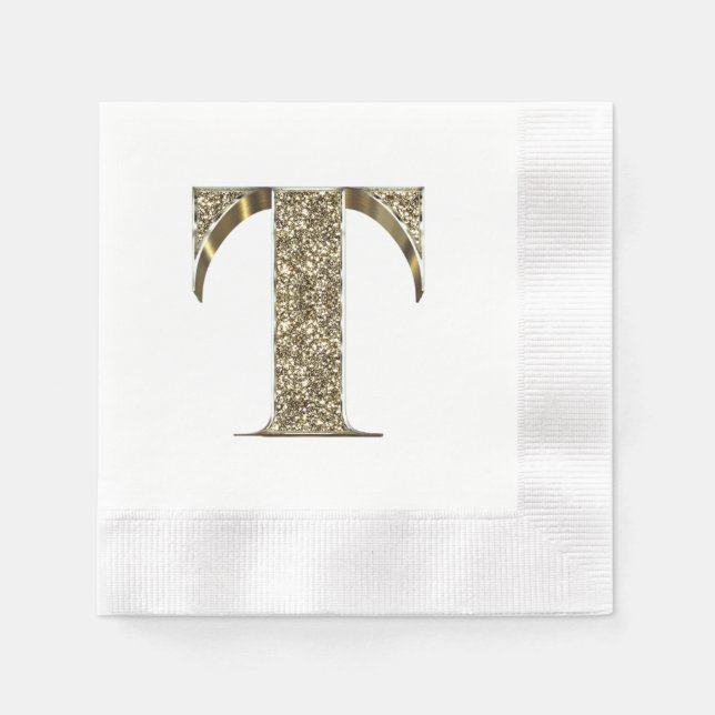 Monogrammed Letter Initial T Gold Sparkles Elegant Napkins (Front)