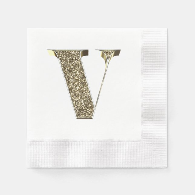 Monogrammed Letter Initial V Gold Sparkles Elegant Paper Napkins (Front)