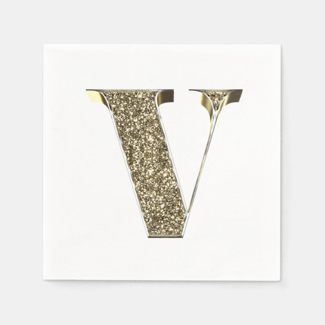 Monogrammed Letter Initial V Gold Sparkles Elegant Paper Napkins (Front)