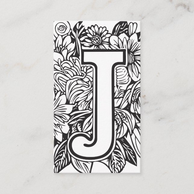 Monogrammed Letter J Simple Black and White Floral Business Card (Front)