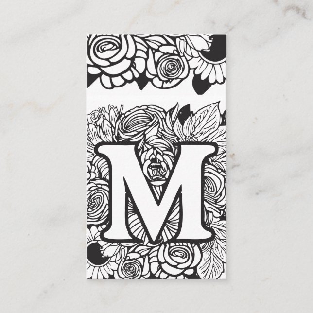 Monogrammed Letter M Simple Black and White Floral Business Card (Front)