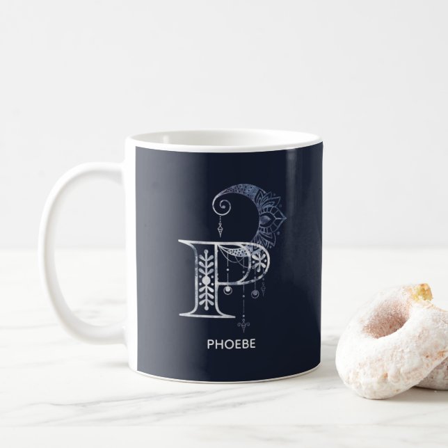 Monogrammed Letter P Boho Crescent Moon Mandala Coffee Mug (With Donut)