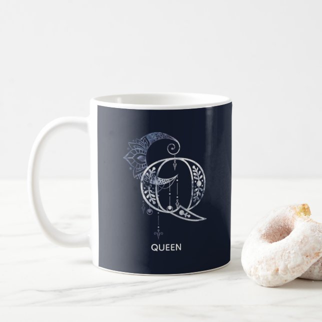 Monogrammed Letter Q Boho Crescent Moon Mandala Coffee Mug (With Donut)
