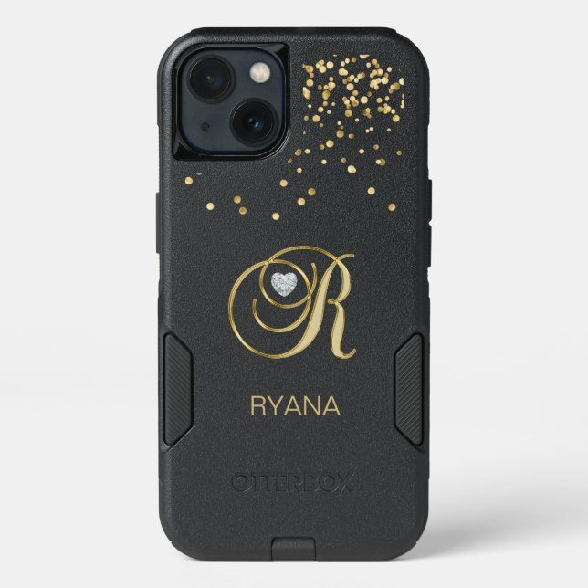 Monogrammed Letter 'R' Gold Heart Diamond Heart Otterbox iPhone Case (Back)
