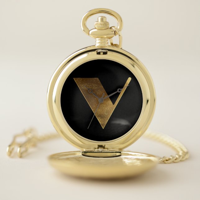 Monogrammed Letter V Black Gold Initial Elegant Pocket Watch (Inside)