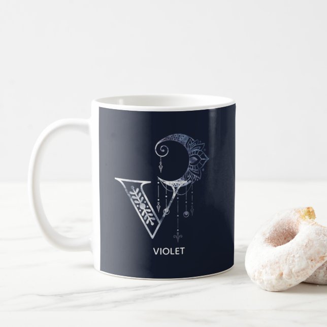 Monogrammed Letter V Boho Crescent Moon Mandala Coffee Mug (With Donut)