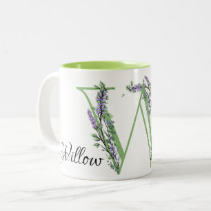 monogrammed letter W Lavender eucalyptus Two-Tone Coffee Mug