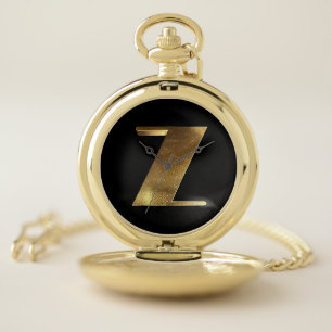 Monogrammed Letter Z Black Gold Initial Elegant Pocket Watch
