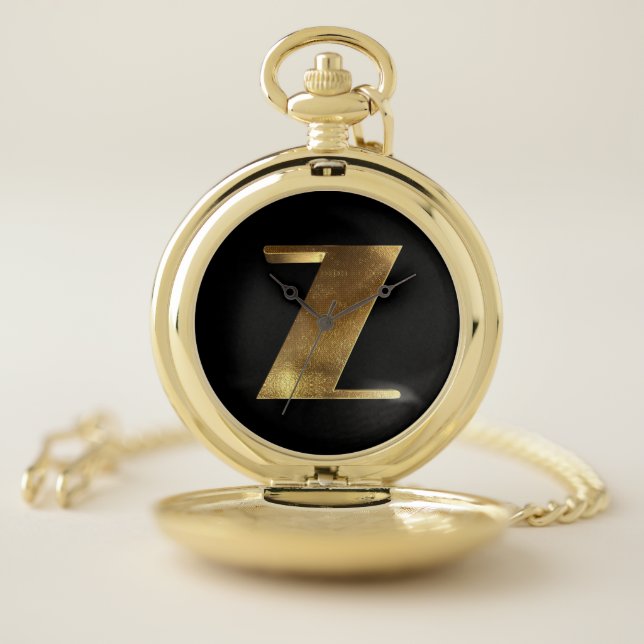 Monogrammed Letter Z Black Gold Initial Elegant Pocket Watch (Inside)