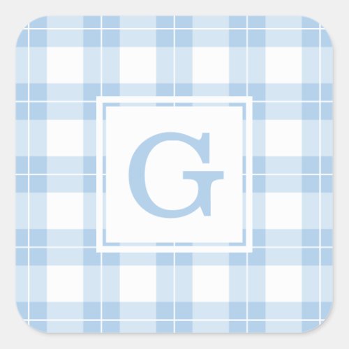 Monogrammed Light Blue and White Plaid Pattern Square Sticker