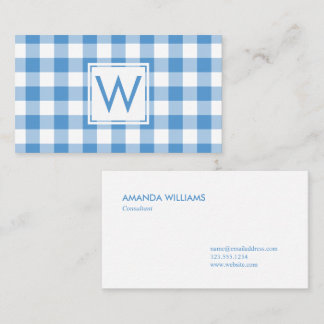 Monogrammed Light Blue White Gingham Plaid Pattern Business Card