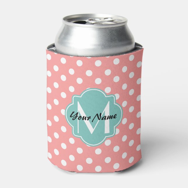 Monogrammed Light Coral Polka Dots Pattern Can Cooler (Can Front)