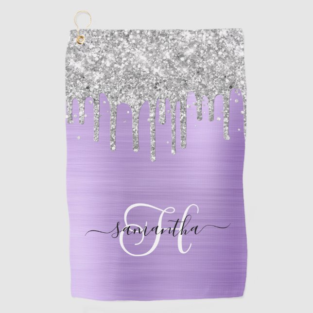 Monogrammed Light Lavender Silver Dripping Glitter Golf Towel (Front)