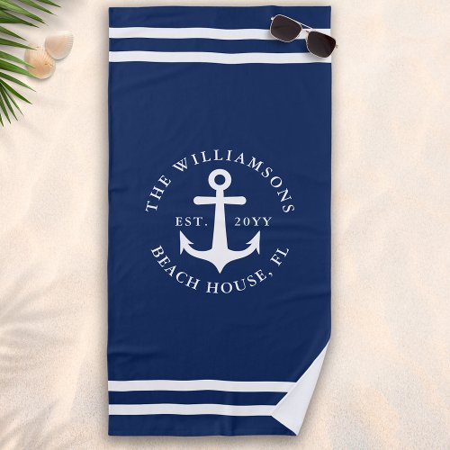 Monogrammed Light Navy Blue White Anchor Nautical Beach Towel