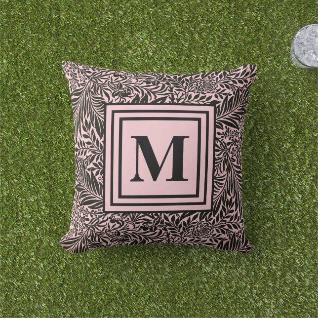 Monogrammed Light Pink and Black Chic Botanical Outdoor Pillow (Grass)