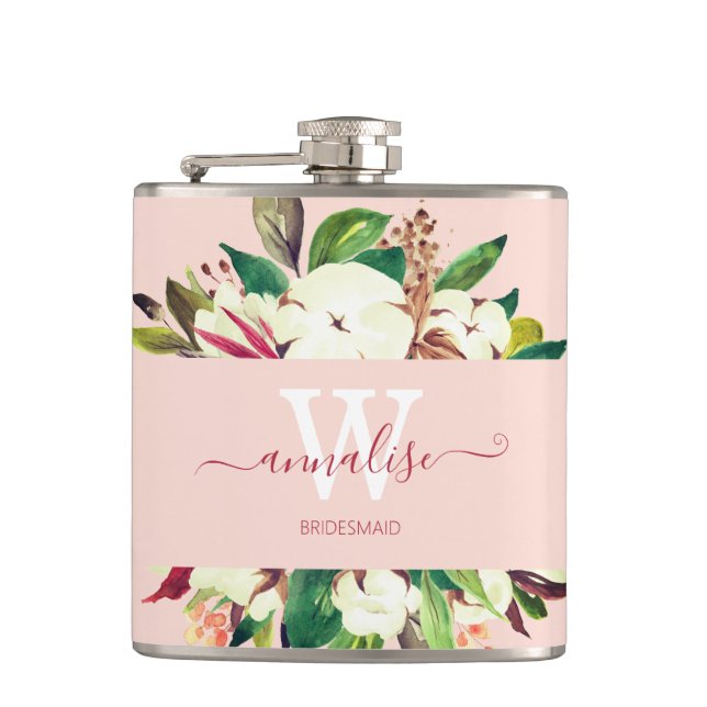 Monogrammed Light Pink Floral Bridesmaid Flask (Front)