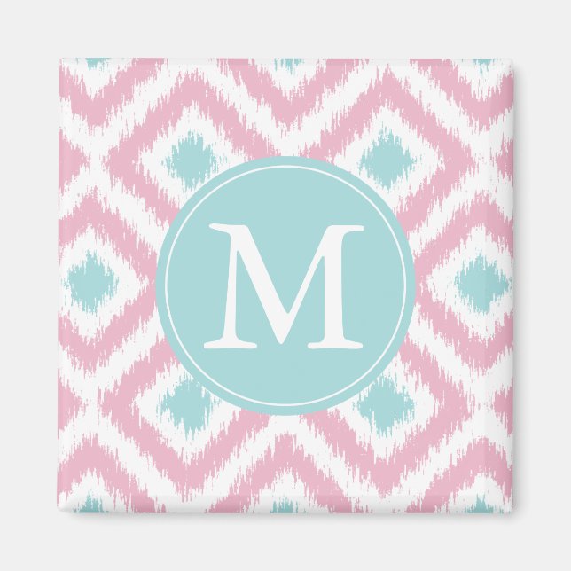 Monogrammed Light Pink Mint Diamonds Ikat Pattern Magnet (Front)