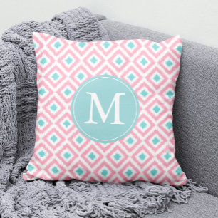 Monogrammed Light Pink Mint Diamonds Ikat Pattern Throw Pillow