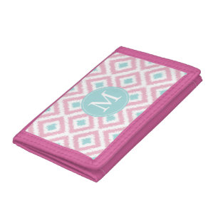 Monogrammed Light Pink Mint Diamonds Ikat Pattern Tri-fold Wallet