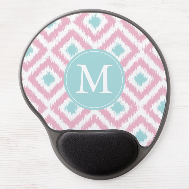 Monogrammed Light Pink Mint Ikat Pattern Gel Mouse Pad (Front)