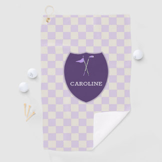 Monogrammed light Purple Checks & golf club & flag Golf Towel