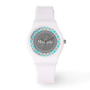 Monogrammed Light Teal & Grey Chevron Pattern Watch