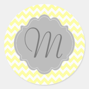 Monogrammed Light Yellow and Gray Chevron Pattern Classic Round Sticker