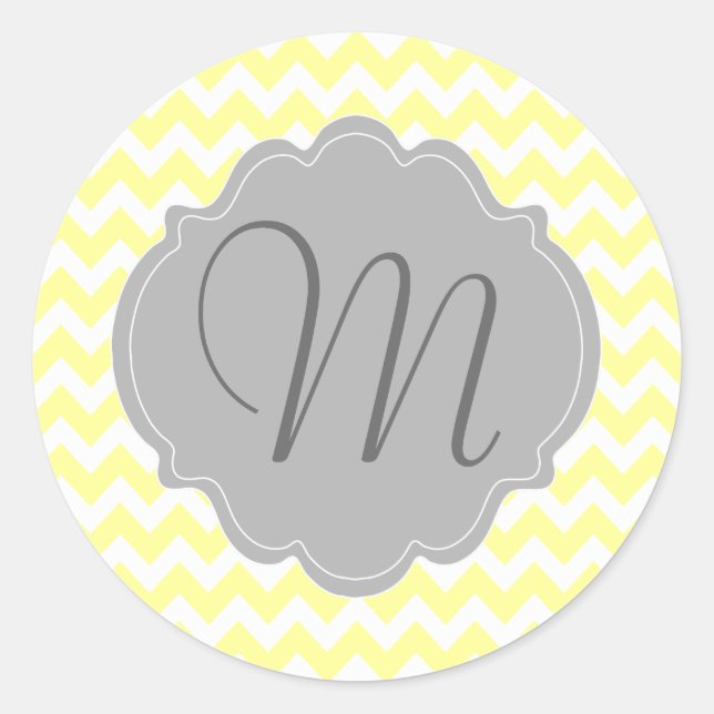 Monogrammed Light Yellow and Gray Chevron Pattern Classic Round Sticker (Front)