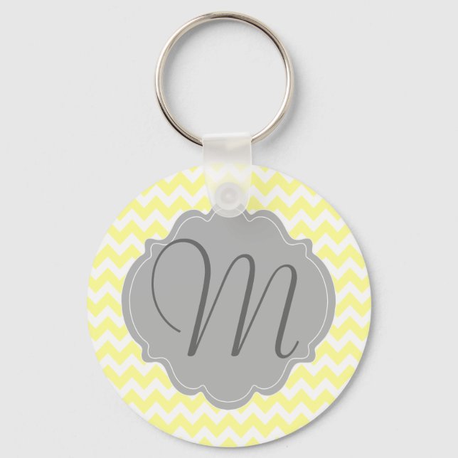 Monogrammed Light Yellow and Gray Chevron Pattern Keychain (Front)