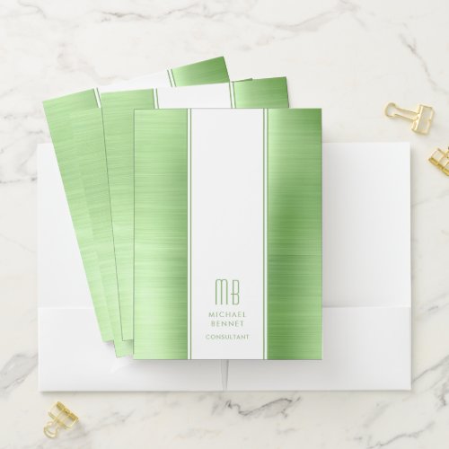 Monogrammed Lime Green Brushed Metallic Business Pocket Folder