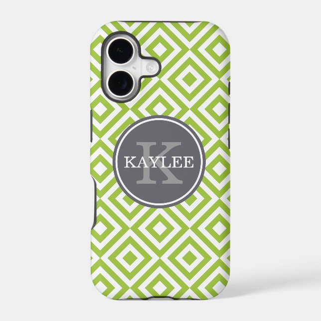 Monogrammed Lime Green Geometric Diamond Pattern Iphone Case (Back)