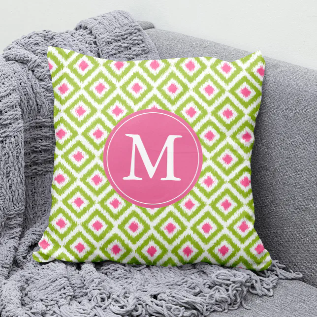 Monogrammed Lime Green Pink Diamonds Ikat Pattern Throw Pillow Zazzle