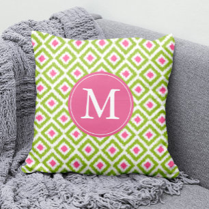 Monogrammed Lime Green Pink Diamonds Ikat Pattern Throw Pillow