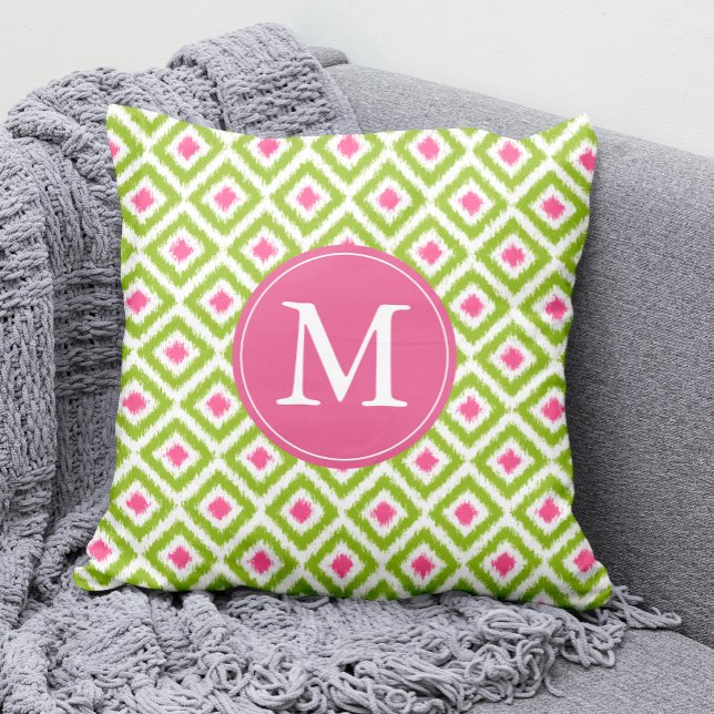 Monogrammed Lime Green Pink Diamonds Ikat Pattern Throw Pillow (Creator Uploaded)