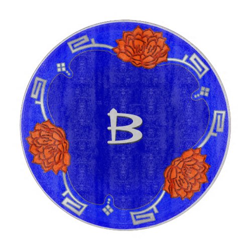 Monogrammed Lotus Blossom _ Blue Red Silver Cutting Board