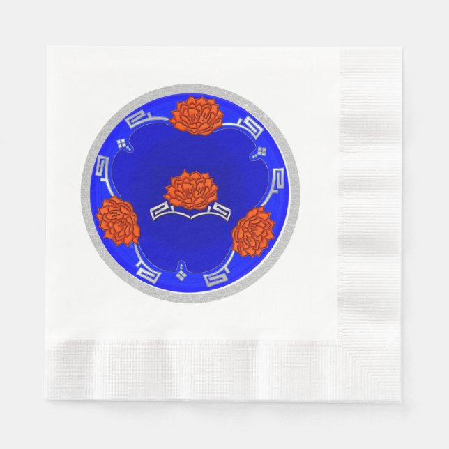 Monogrammed Lotus Blossom - Blue, Red, Silver Napkins (Front)
