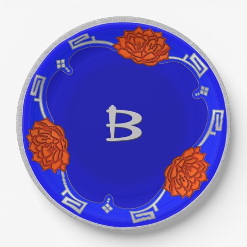Monogrammed Lotus Blossom _ Blue Red Silver Paper Plates