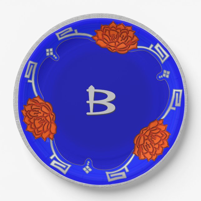 Monogrammed Lotus Blossom - Blue, Red, Silver Paper Plates (Front)