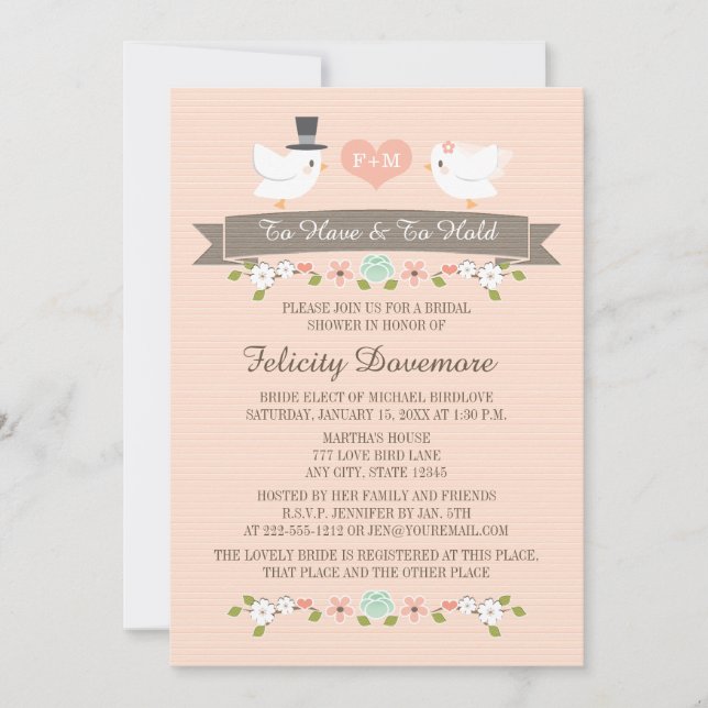 Monogrammed Love Birds Bridal Shower Invitation (Front)